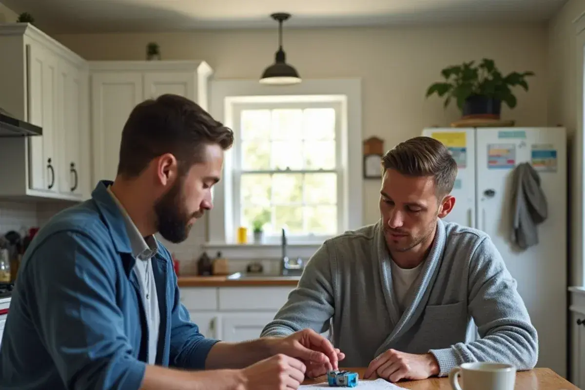 Technician explaining emergency HVAC repair options to a homeowner at a kitchen table