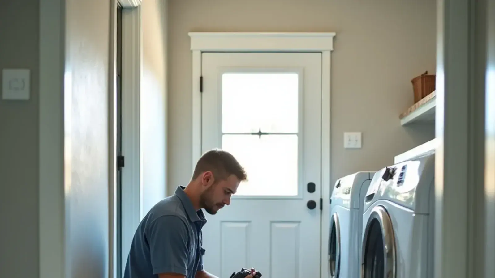 Technician clearing water from an overflowing air handler drain in a laundry room in Lexington, SC