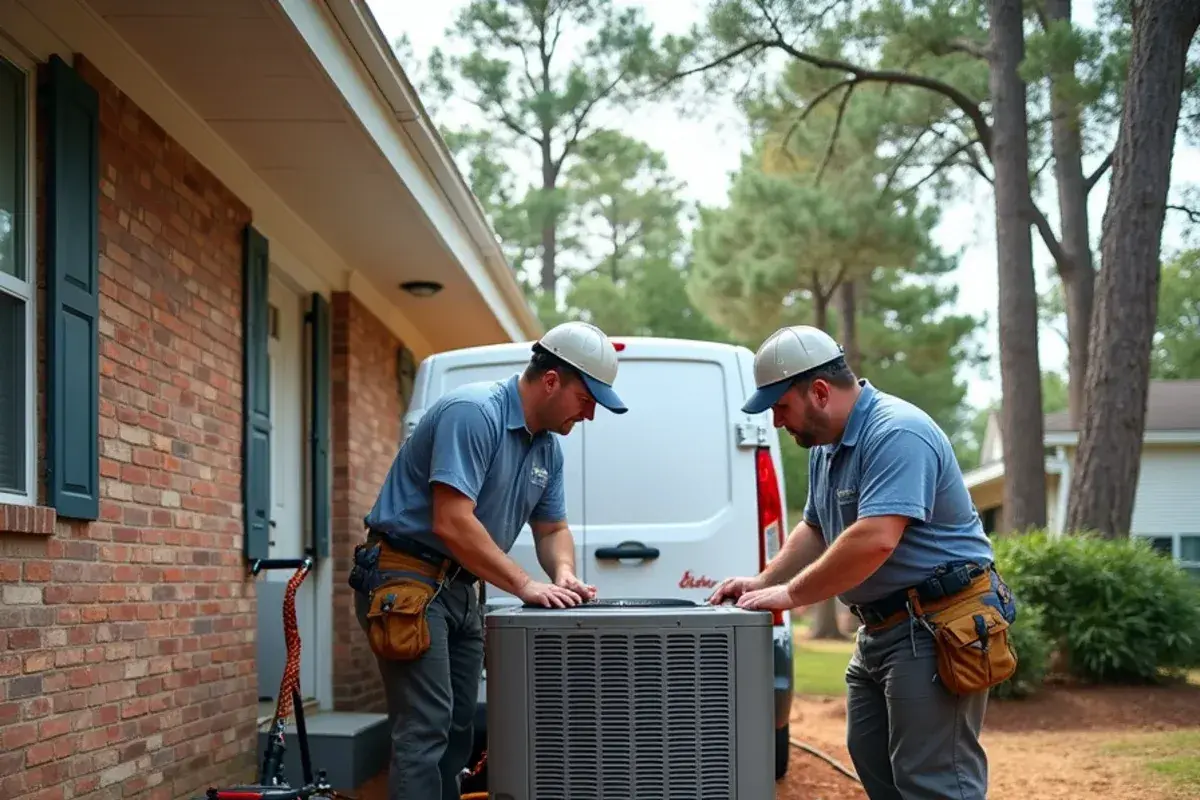 Technicians setting a new heat pump condenser on a pad during a financed replacement