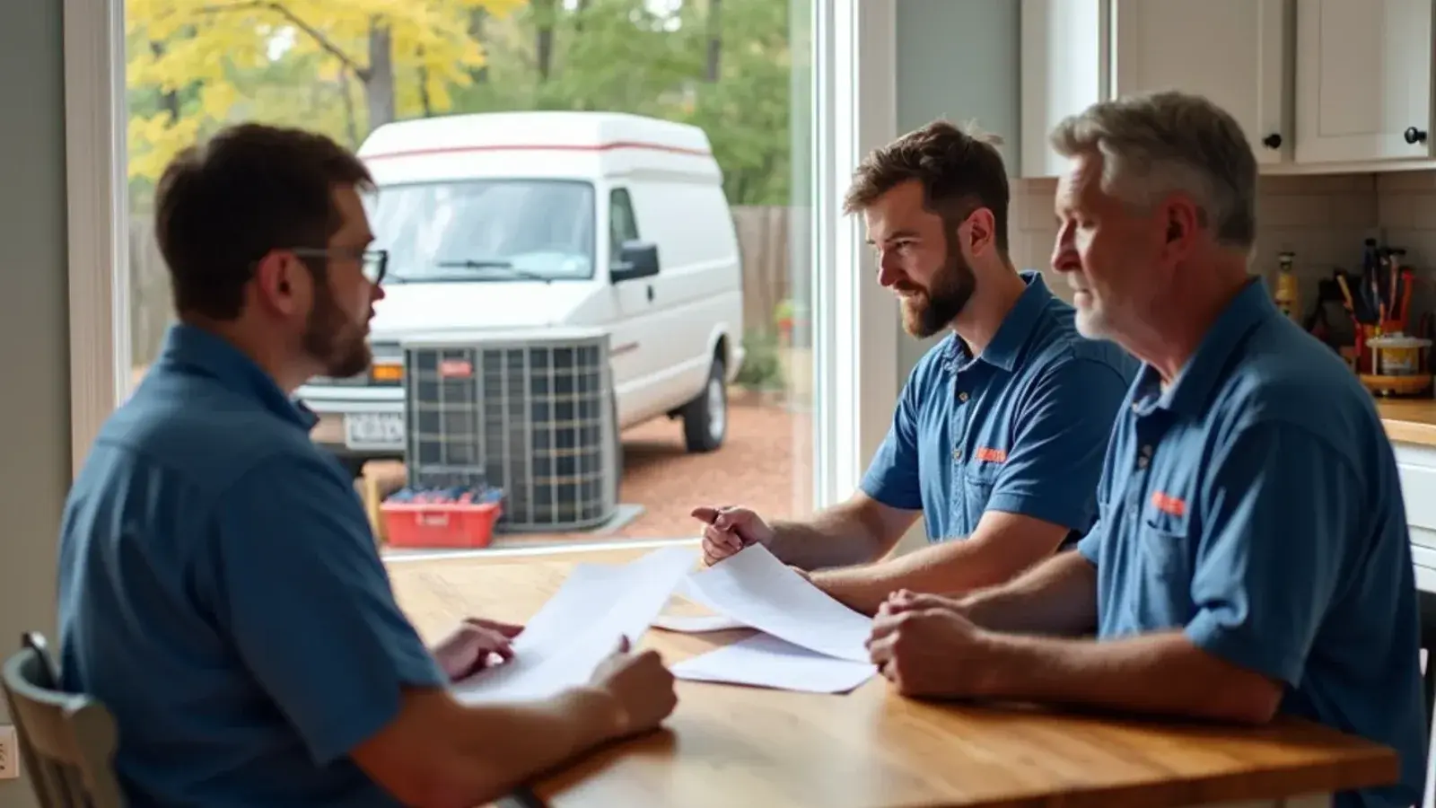Homeowners reviewing a written HVAC replacement quote at a kitchen table in Lexington, SC