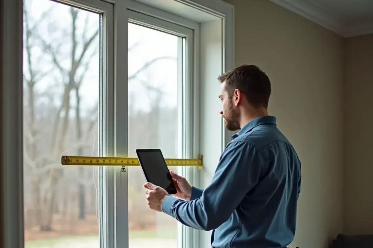 Technician measuring a window for a heating load calculation before furnace replacement