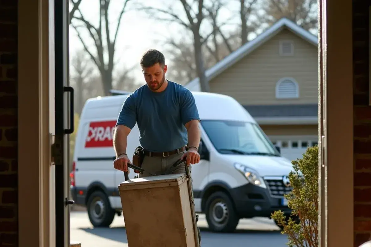 Old gas furnace strapped to a hand truck being removed through a front door during a replacement