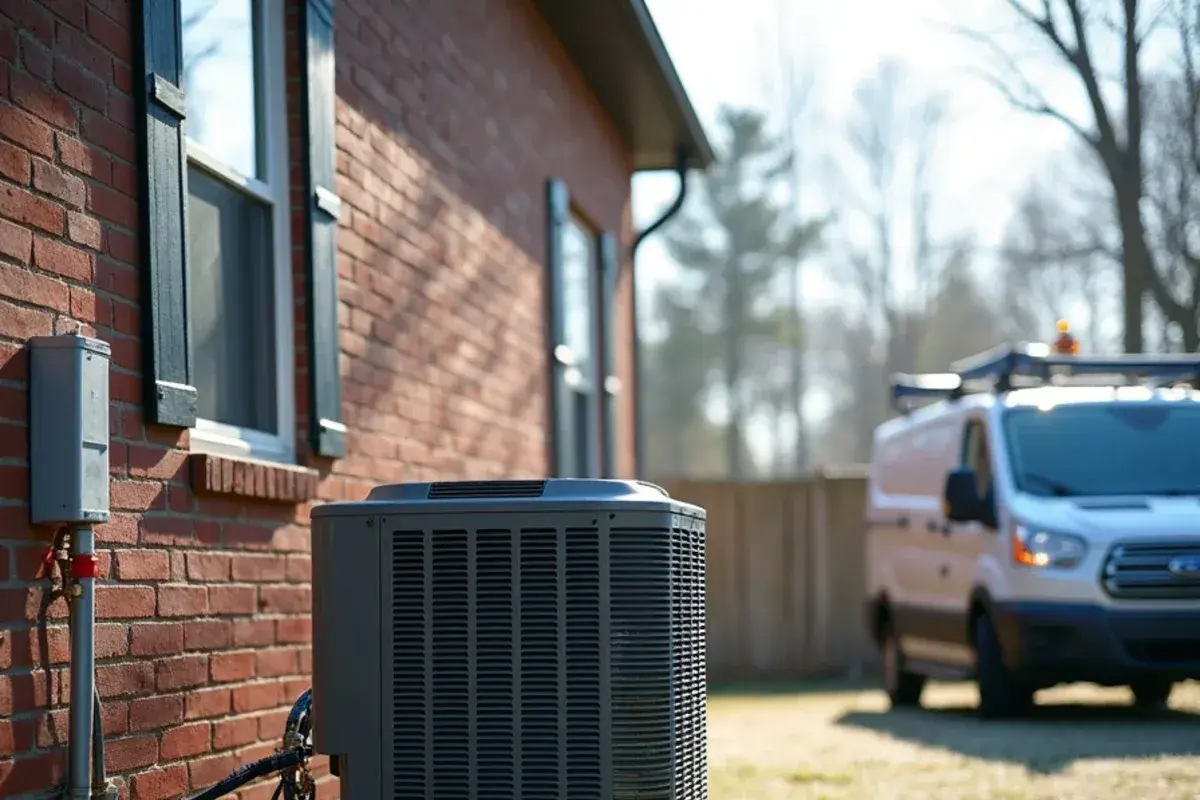 Outdoor heat pump unit on a pad beside a brick home that pairs with an indoor gas furnace for dual fuel