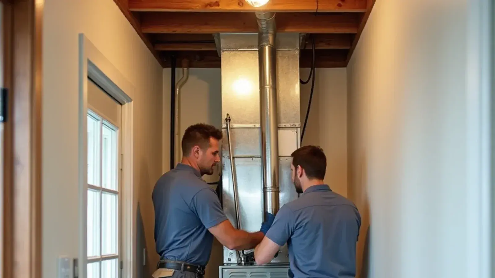 Technicians setting a new upright gas furnace into a utility closet during a furnace installation in Lexington, SC