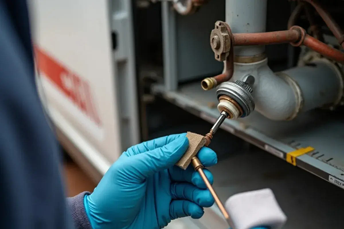 Flame sensor rod removed from a gas furnace and being polished with a fine abrasive pad