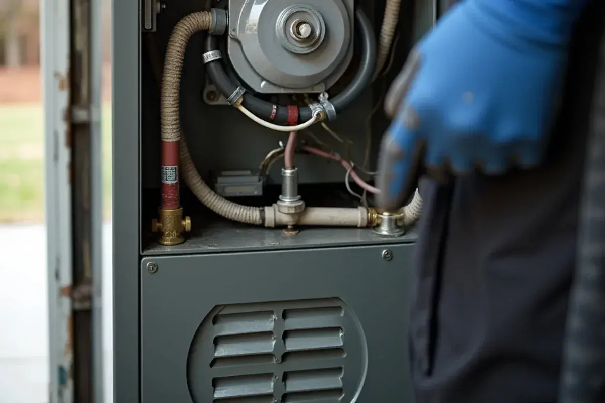 Draft inducer motor and pressure switch tubing on a high-efficiency gas furnace being inspected