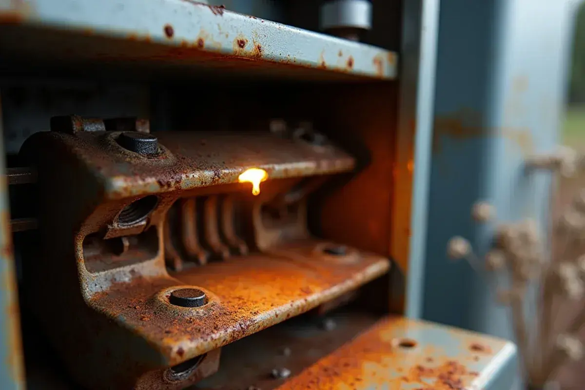 Rust streaks on furnace burners and the burner shelf below an air conditioning coil that leaked condensate