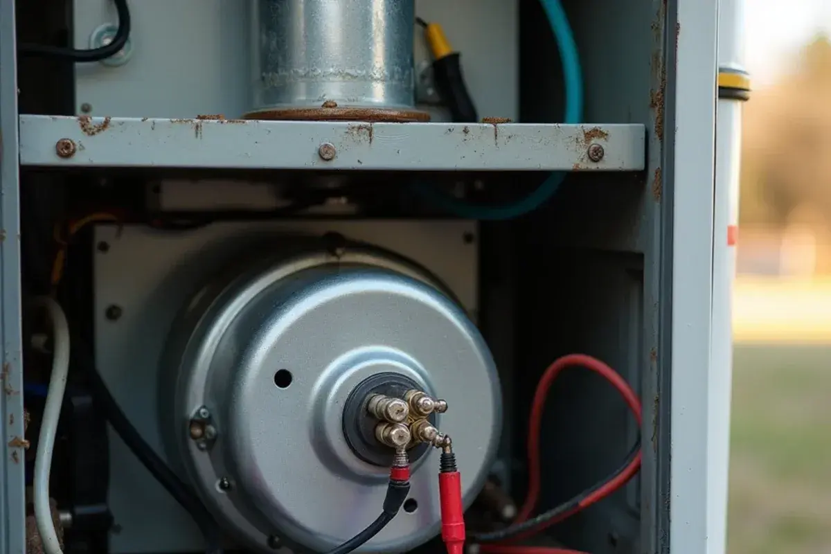 Clamp meter and capacitor tester connected to a furnace blower motor capacitor