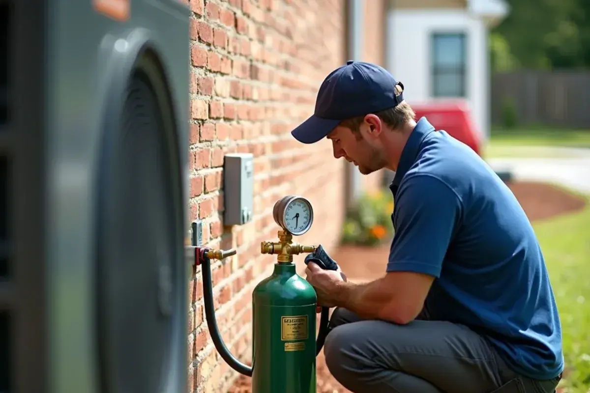 Nitrogen tank and gauge pressure-testing a refrigerant line set before a new heat pump is charged