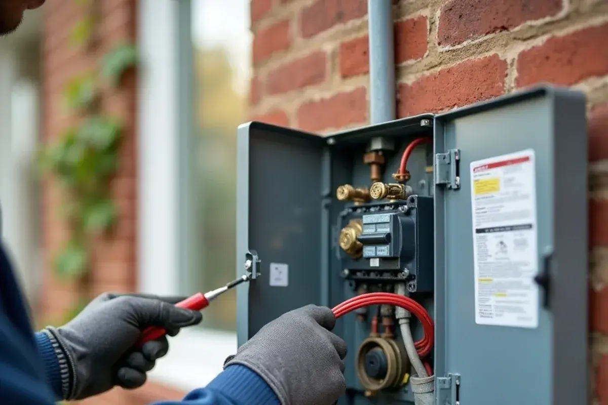 Electrician-style disconnect box and liquid-tight whip being wired to a new heat pump