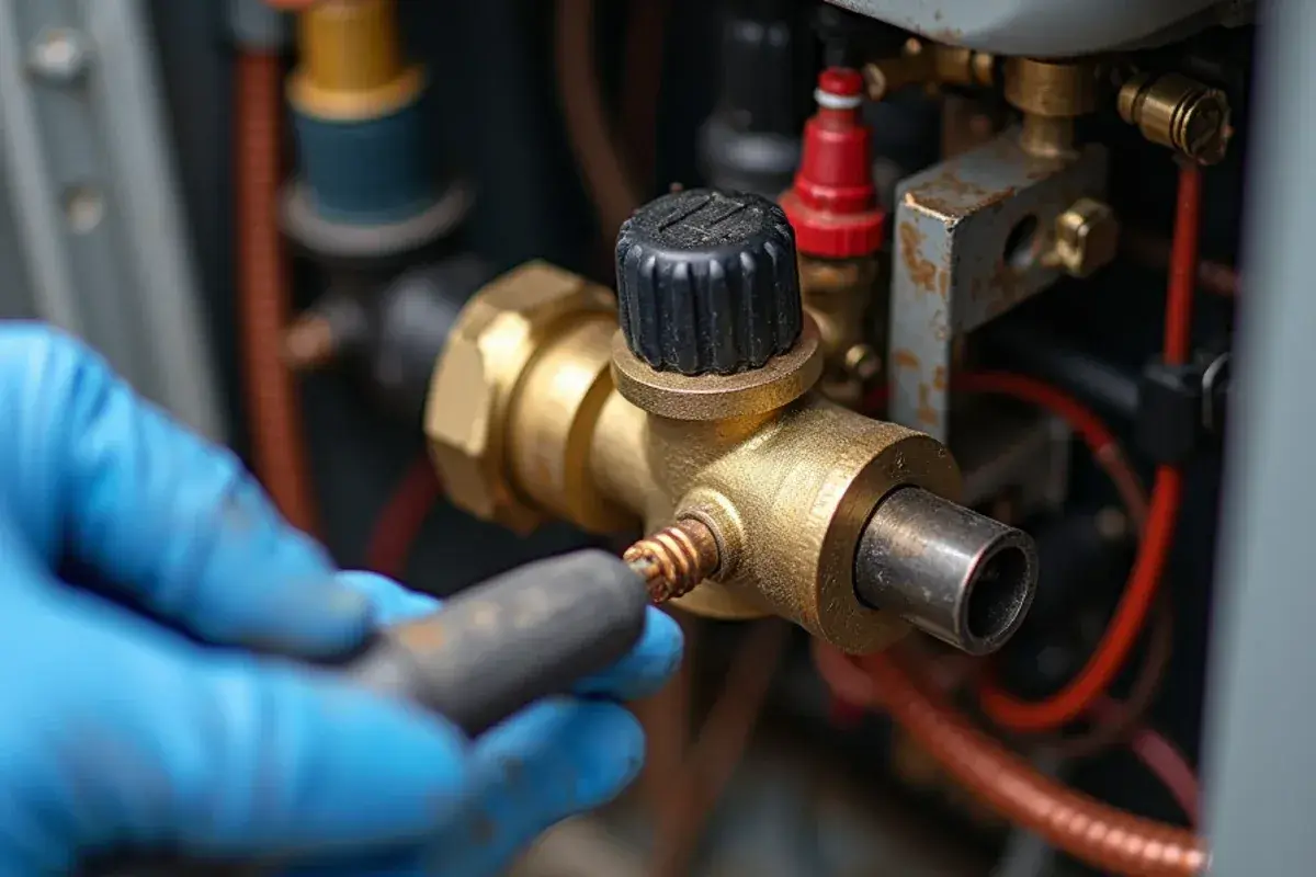 Technician testing the solenoid coil on a heat pump reversing valve with a meter
