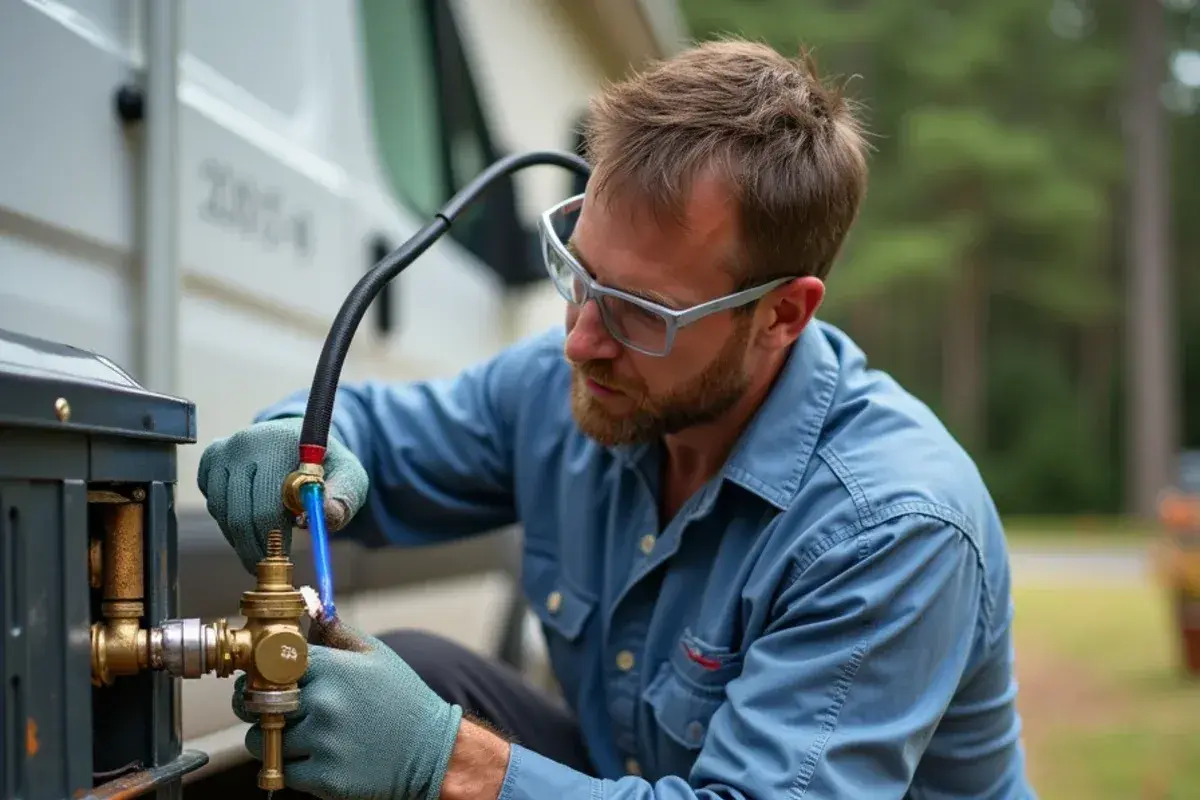 Technician brazing a replacement reversing valve into heat pump piping with a nitrogen purge hose attached