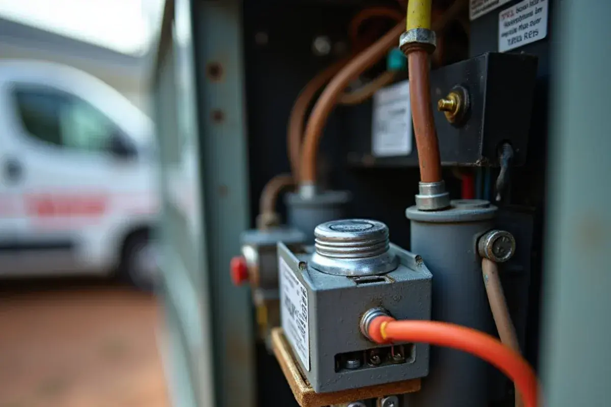Contactor and dual run capacitor inside the control panel of an outdoor heat pump