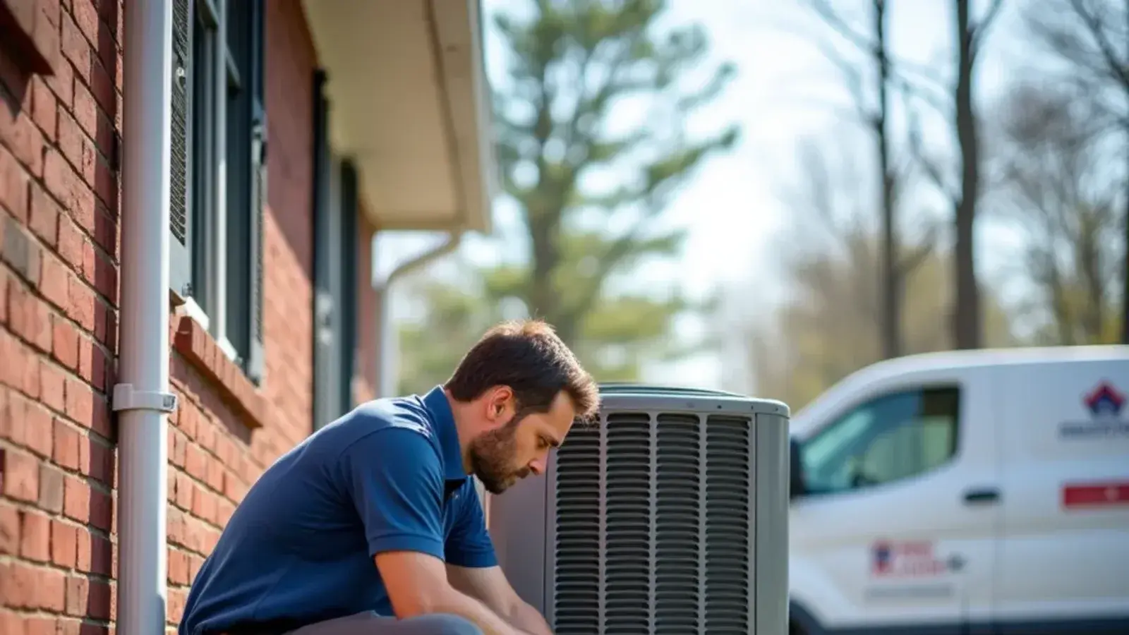 Technician connecting refrigerant gauges to an outdoor heat pump beside a brick ranch in Lexington, SC