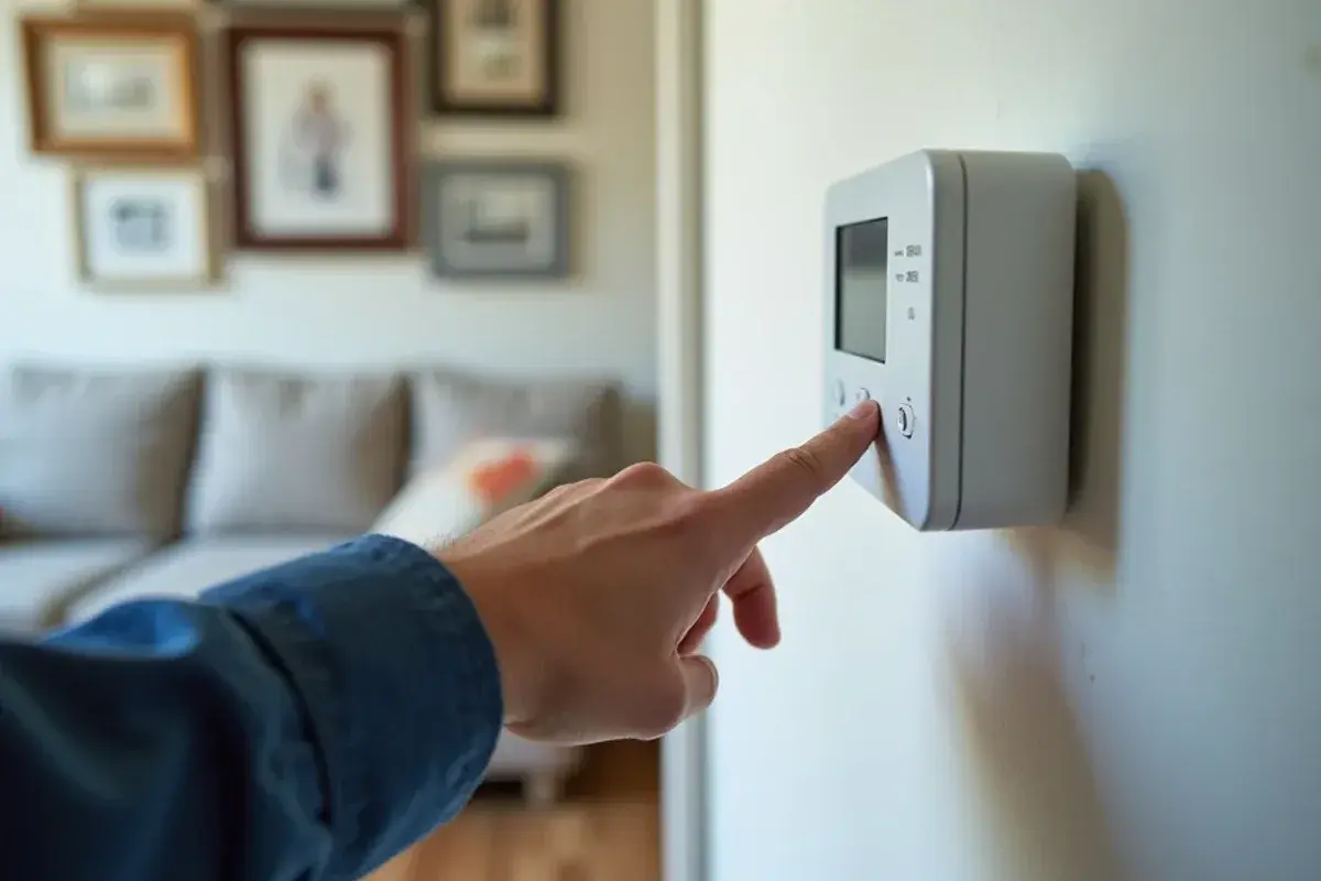 Homeowner switching a wall thermostat to heat mode in a Lexington living room before calling for heating service