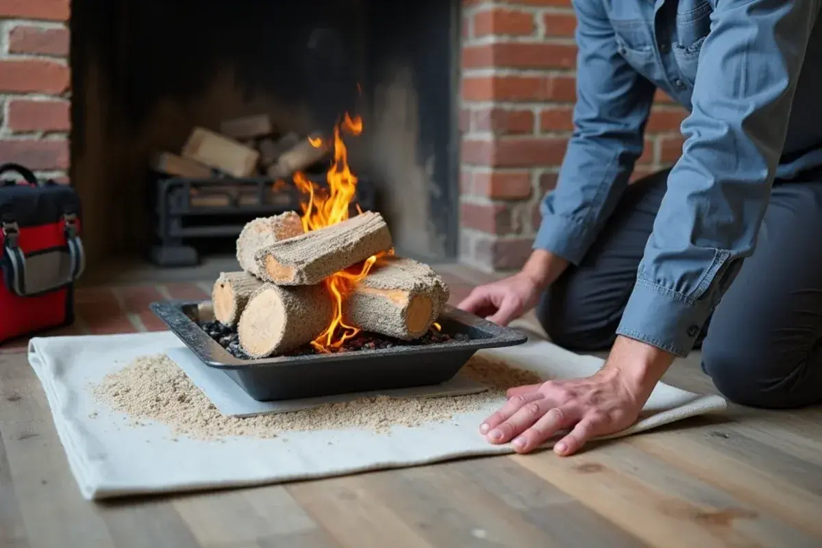 Gas log set with the logs lifted out to expose the burner pan and pilot assembly in a brick fireplace
