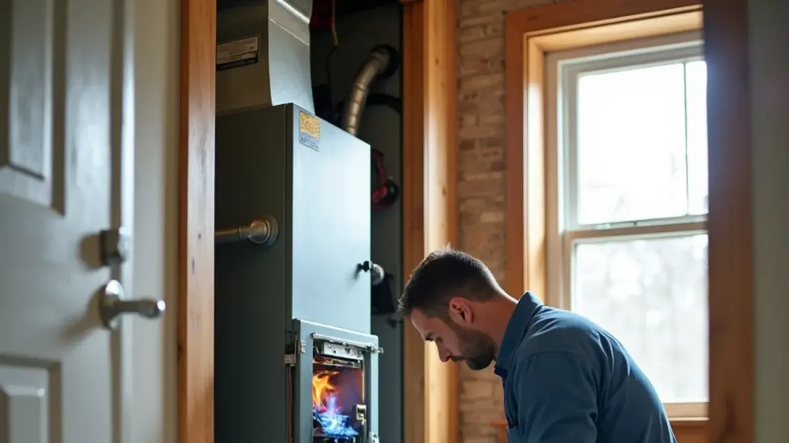 Technician checking the burner flame on a gas furnace in a hallway closet of a Lexington, SC brick ranch