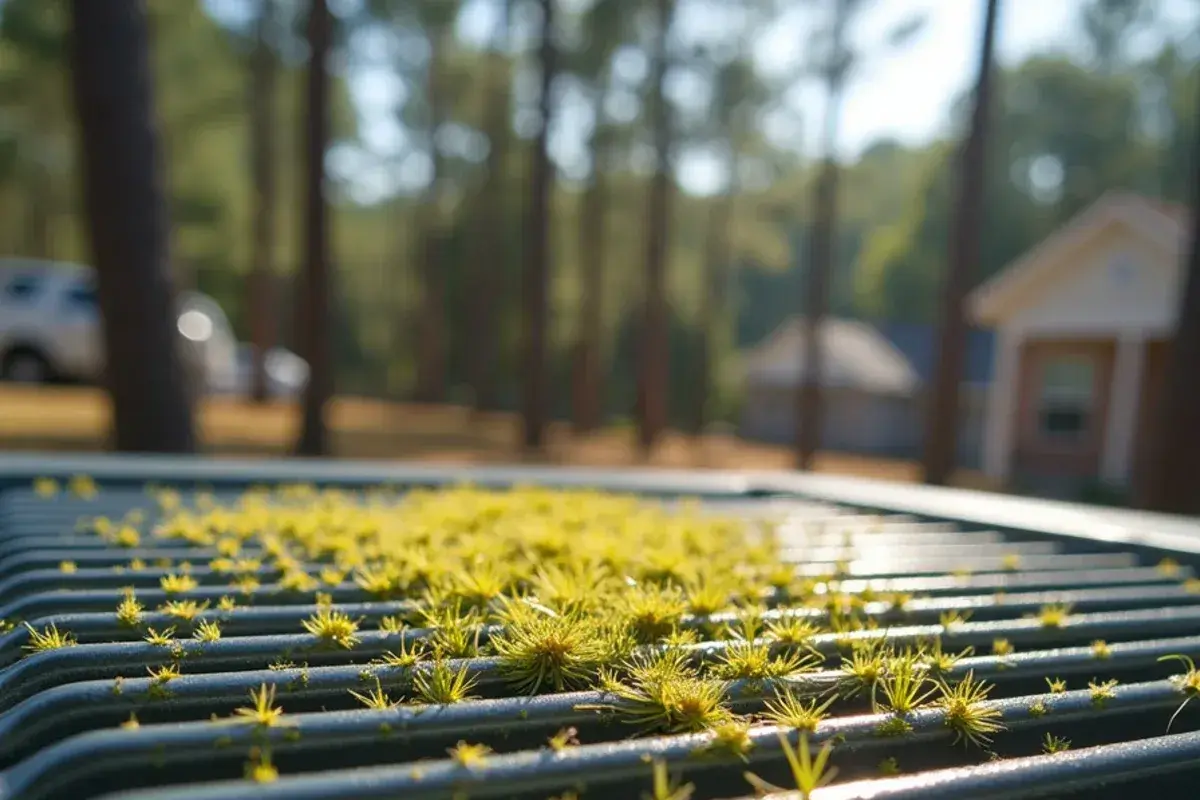 Yellow pine pollen coating the fins of an AC condenser coil in Lexington County