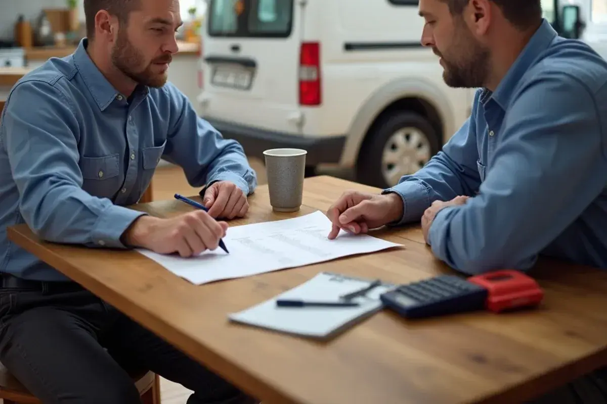 Homeowner comparing an itemized HVAC replacement quote with a technician at a Lexington kitchen table