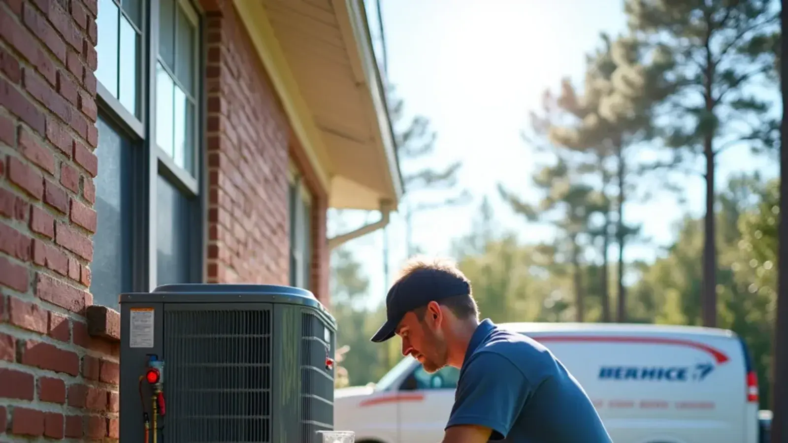 HVAC technician connecting refrigerant gauges to a heat pump beside a brick ranch home in Lexington, SC