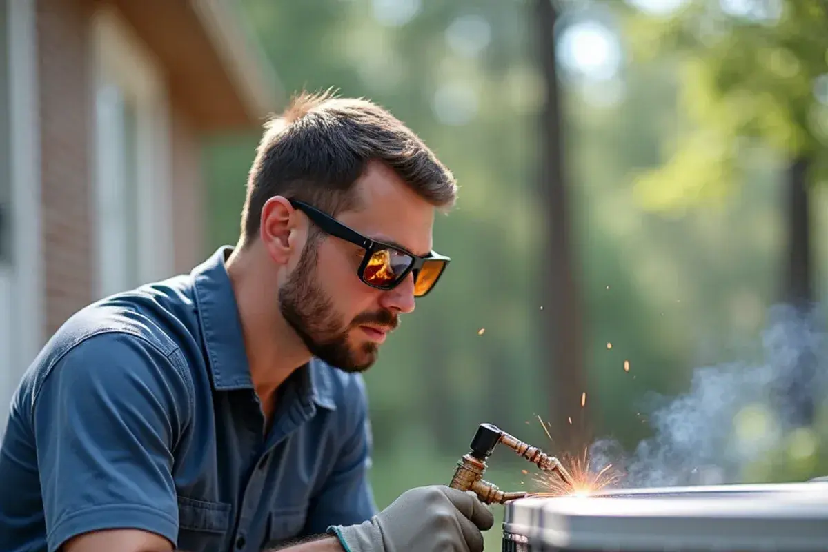 Technician brazing a copper refrigerant line set connection while flowing nitrogen during a new HVAC installation