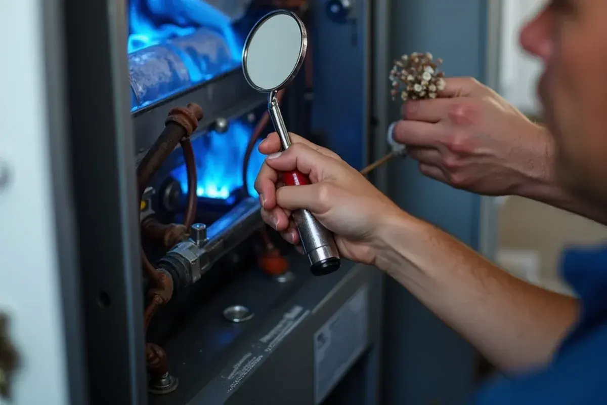 Technician using an inspection mirror to look at gas furnace burner flames during an HVAC repair
