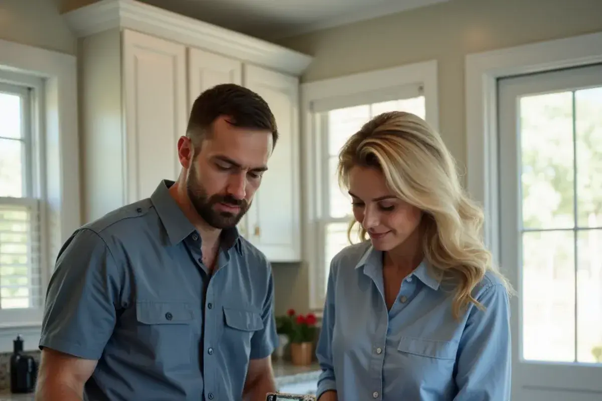 Technician showing a homeowner a failed HVAC part and explaining repair options at a kitchen counter