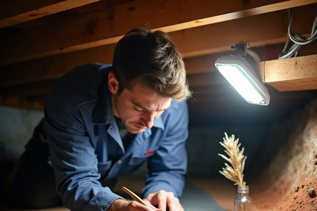 Technician sealing a flex duct connection with mastic in the crawlspace of a Lexington, SC home
