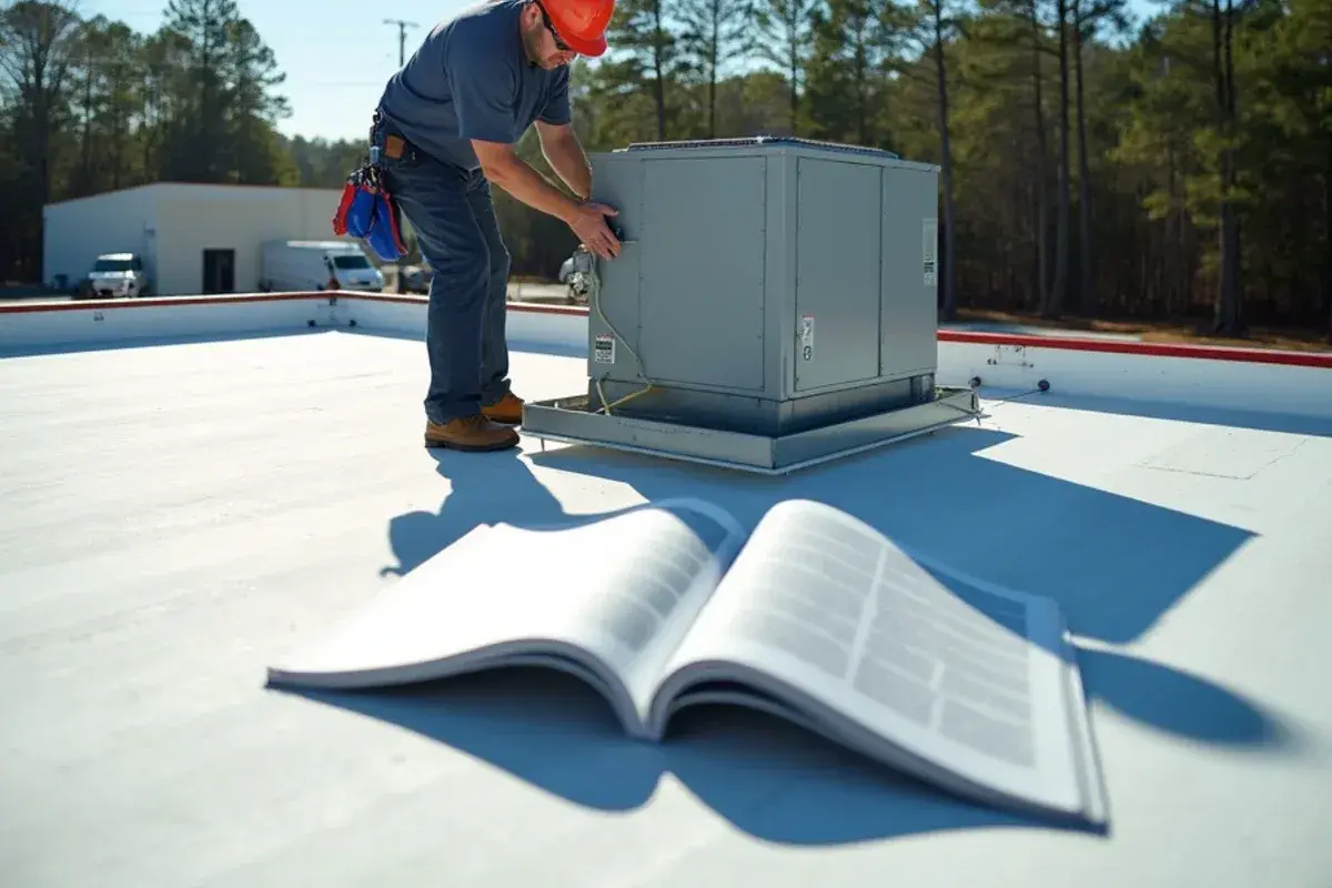 Packaged rooftop HVAC unit on a small commercial building roof in the Lexington, SC area