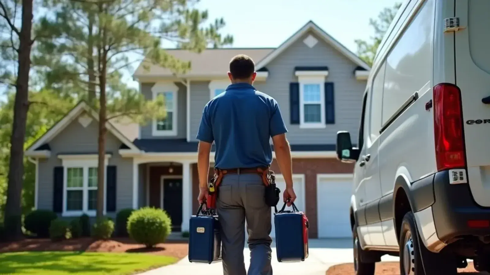 HVAC technician carrying a tool bag up the driveway of a two-story home in Lexington, SC beside a white service pickup