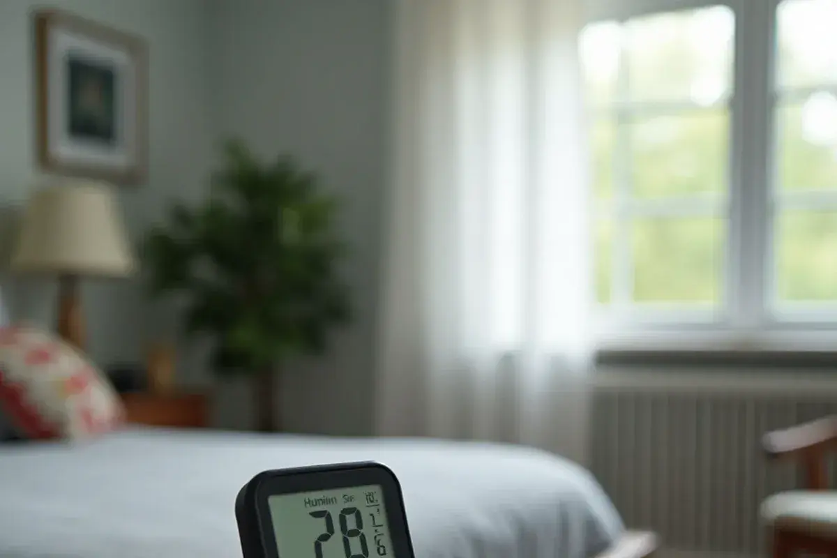 Digital hygrometer showing indoor humidity on a bedroom dresser in a Lexington, SC home
