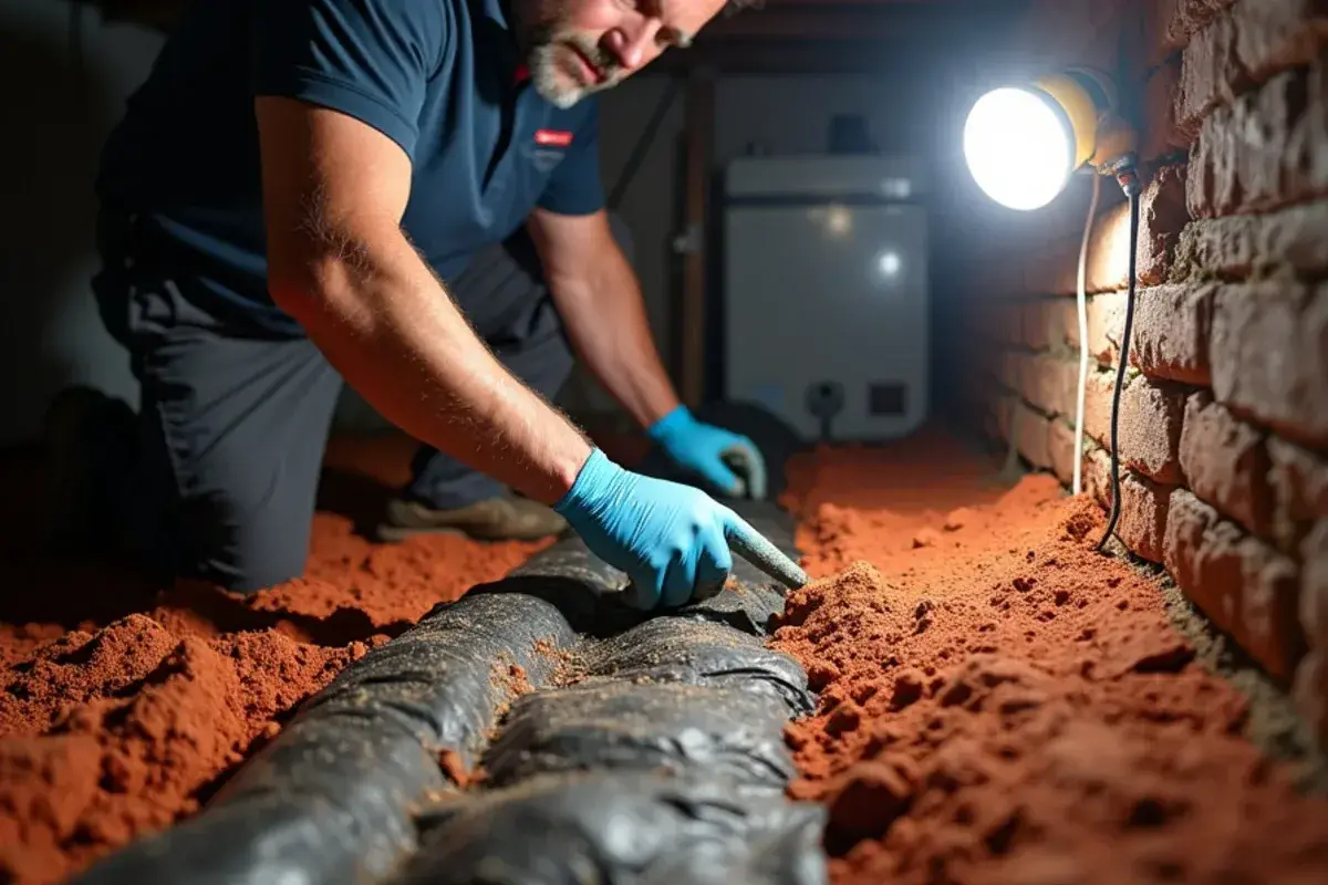 Return duct boot with a gap at the floor joist in the crawlspace of a brick ranch near Lexington