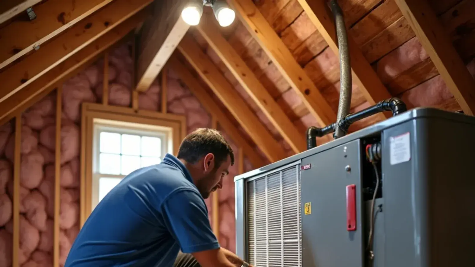 Technician sliding a deep pleated media filter into a return cabinet beside an attic air handler in Lexington, SC