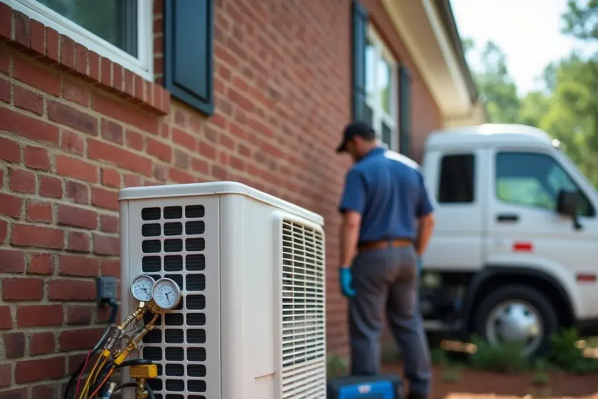 Digital refrigerant gauges connected to the service port of a mini-split outdoor unit outside a Midlands home