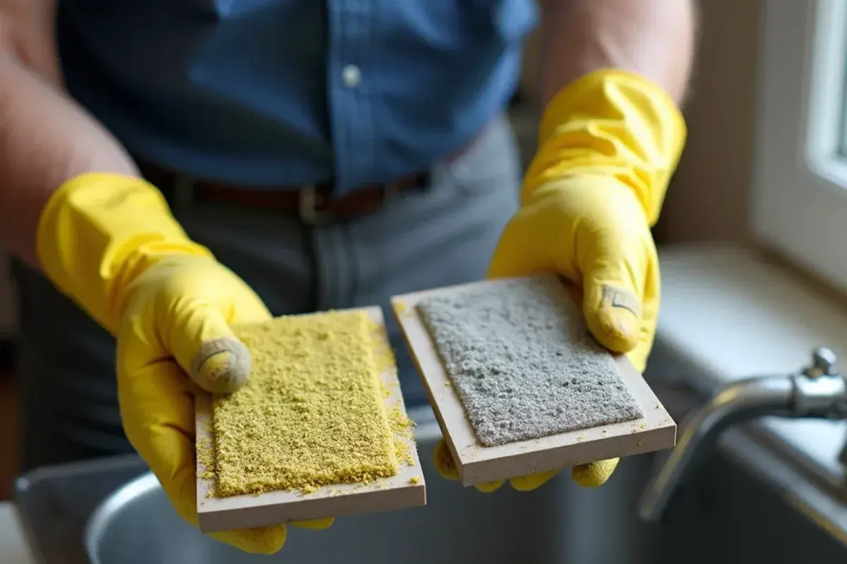 Pollen-caked ductless mesh filter held beside a freshly rinsed one