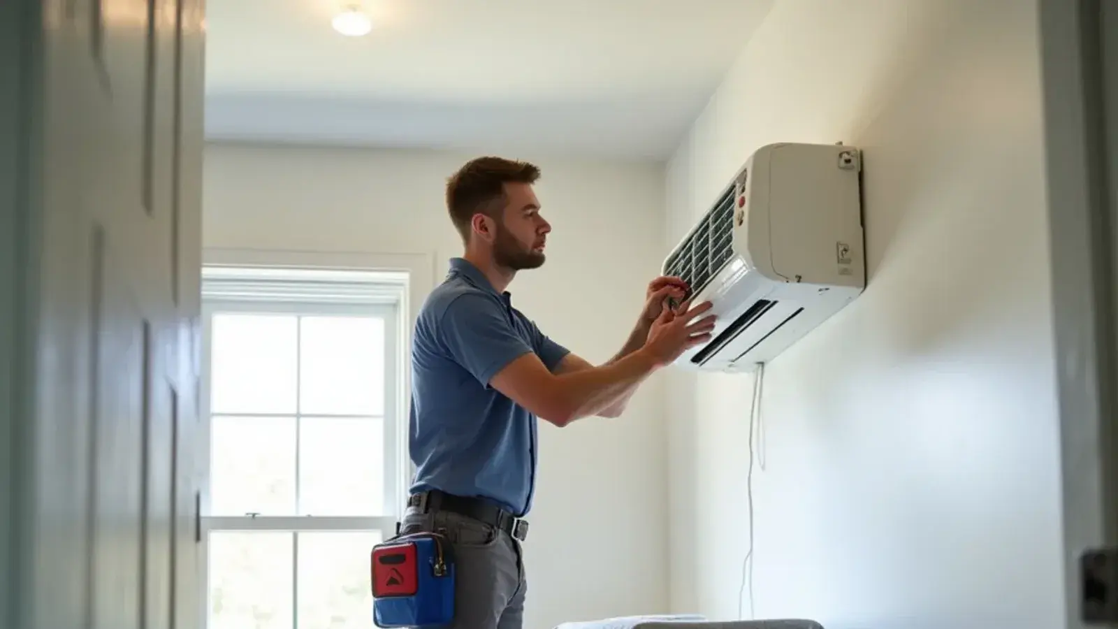 Technician inspecting the coil inside an opened ductless head during a mini-split repair in Lexington, SC