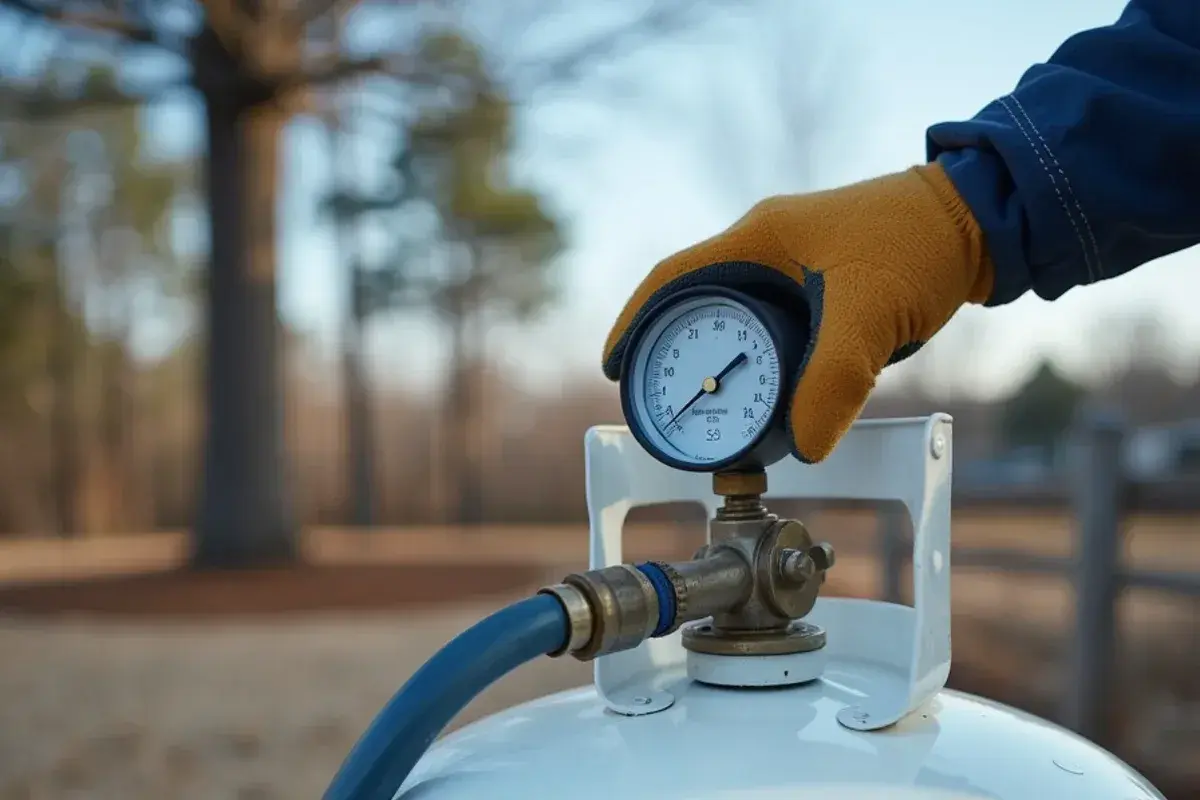 Hand checking the fill gauge on a propane tank behind a rural home outside Lexington, SC in winter