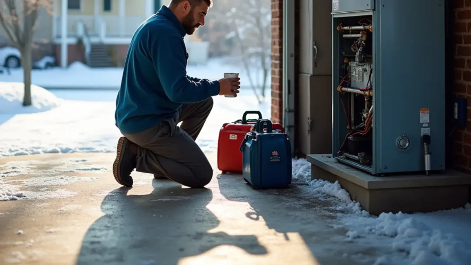 Technician inspecting an open gas furnace in a garage on a frosty winter morning in Lexington, SC