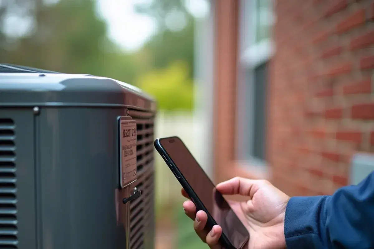 Homeowner photographing the data plate on an outdoor heat pump for home maintenance records