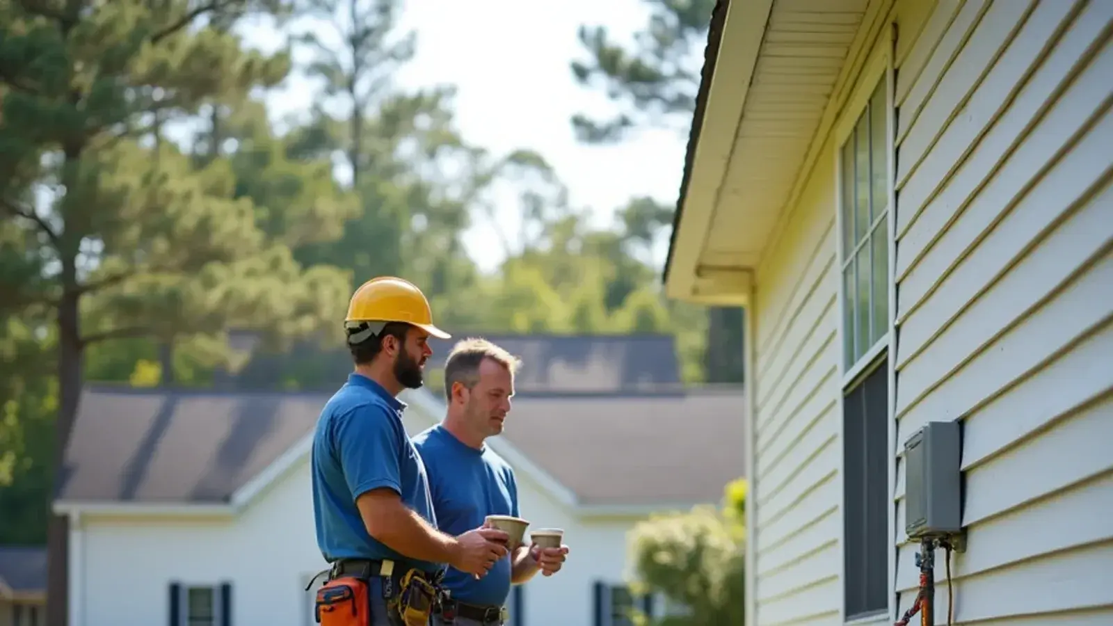 Technician explaining repair options to a homeowner beside a condenser at a two-story home in Lexington, SC