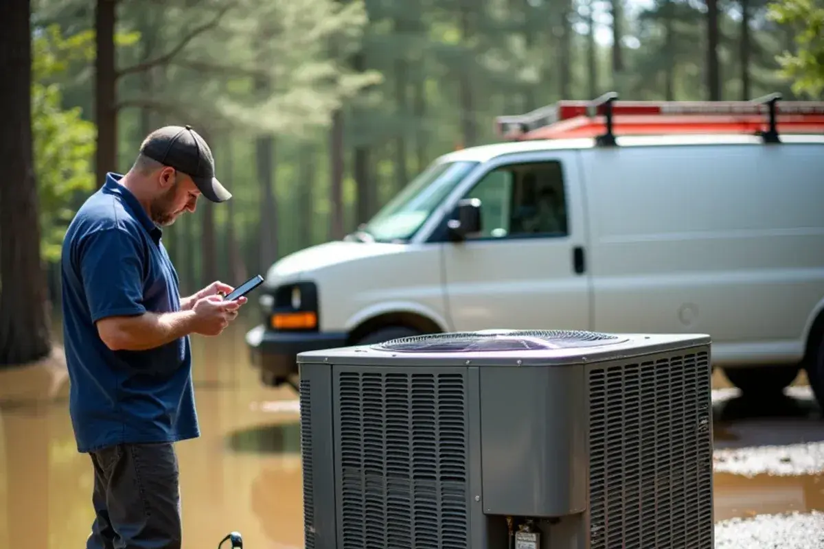 Silt and debris line on an outdoor AC unit being inspected after floodwater in Cayce