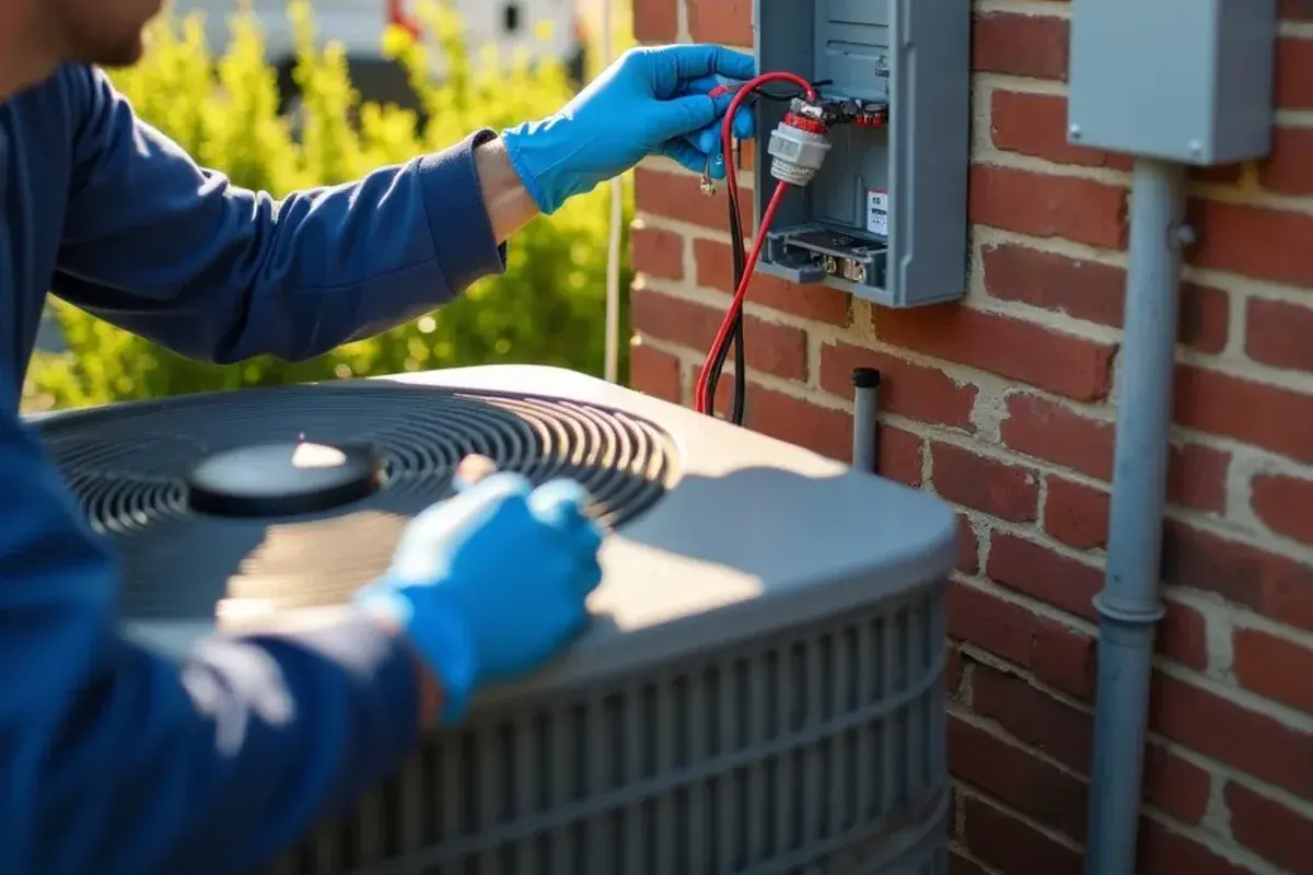 Technician wiring a surge protector at the AC disconnect of a Cayce home