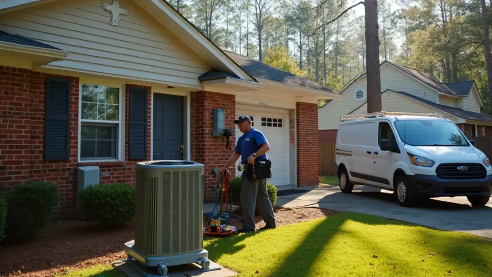 Heat pump on a raised metal stand beside a brick ranch near a wooded river bottom in Cayce, SC