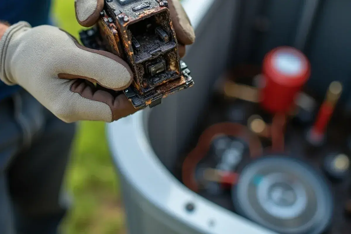 Burned contactor removed from a heat pump after a summer thunderstorm in rural Lexington County