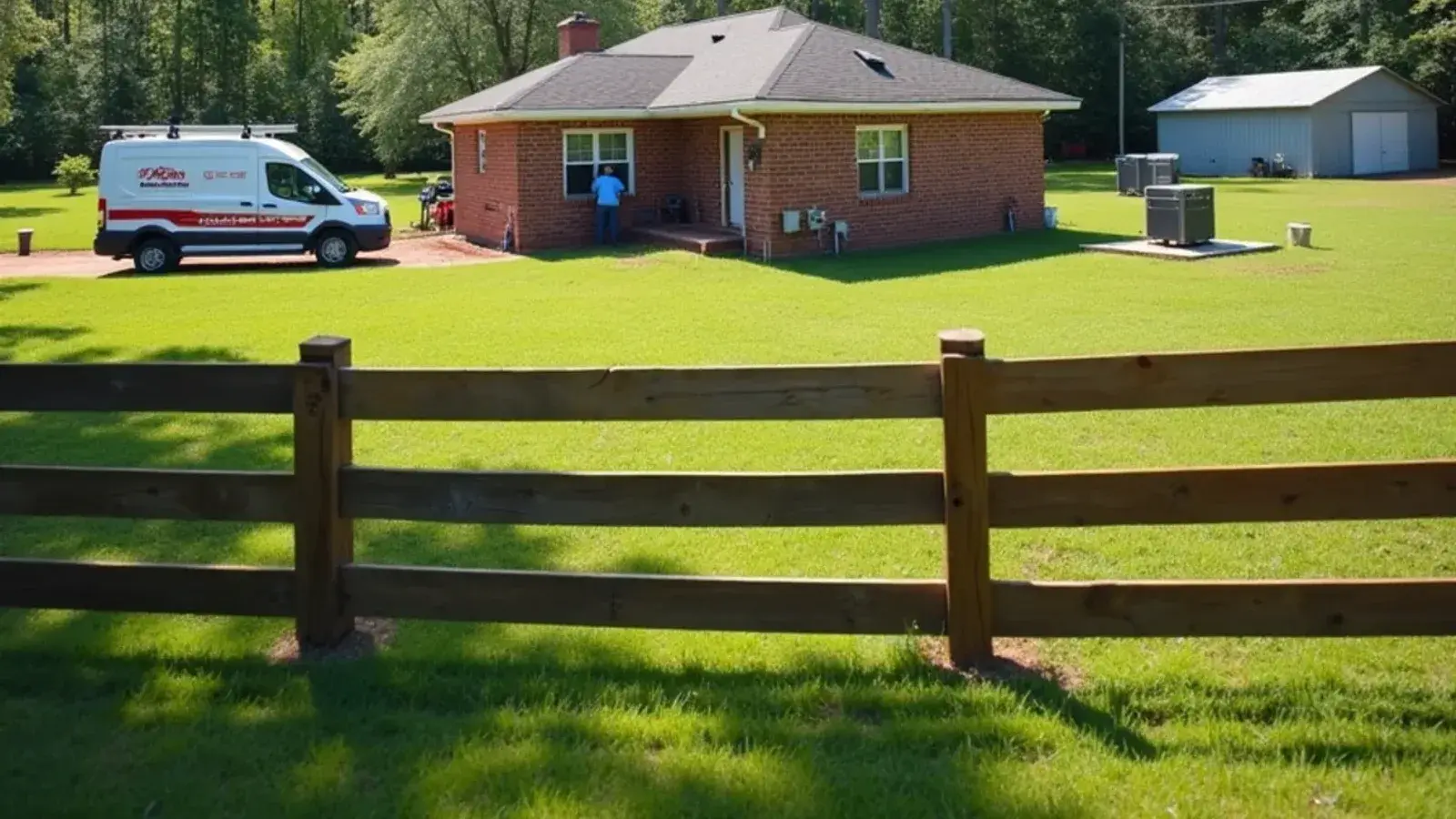 Heat pump beside a brick ranch on a wide open lot with a board fence and pasture in Edmund, SC