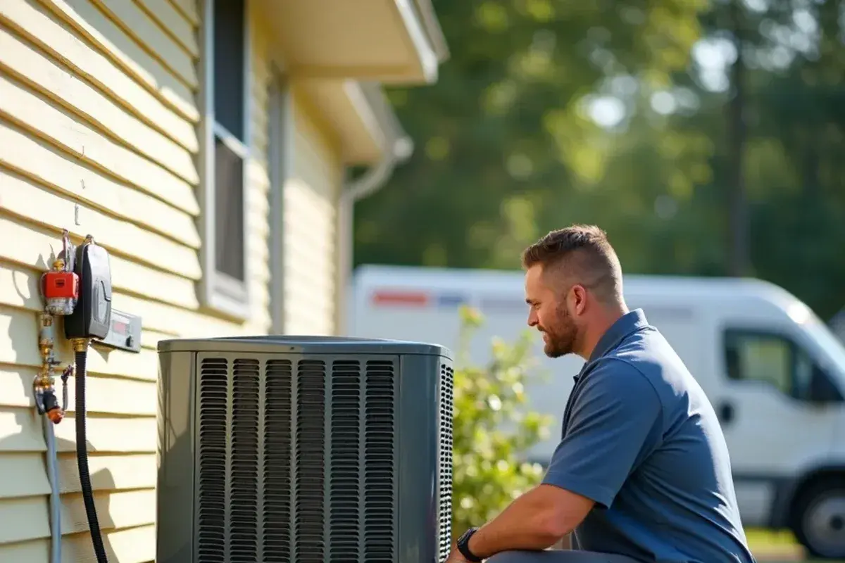 Technician checking refrigerant pressures on a heat pump beside an older frame house in Gilbert