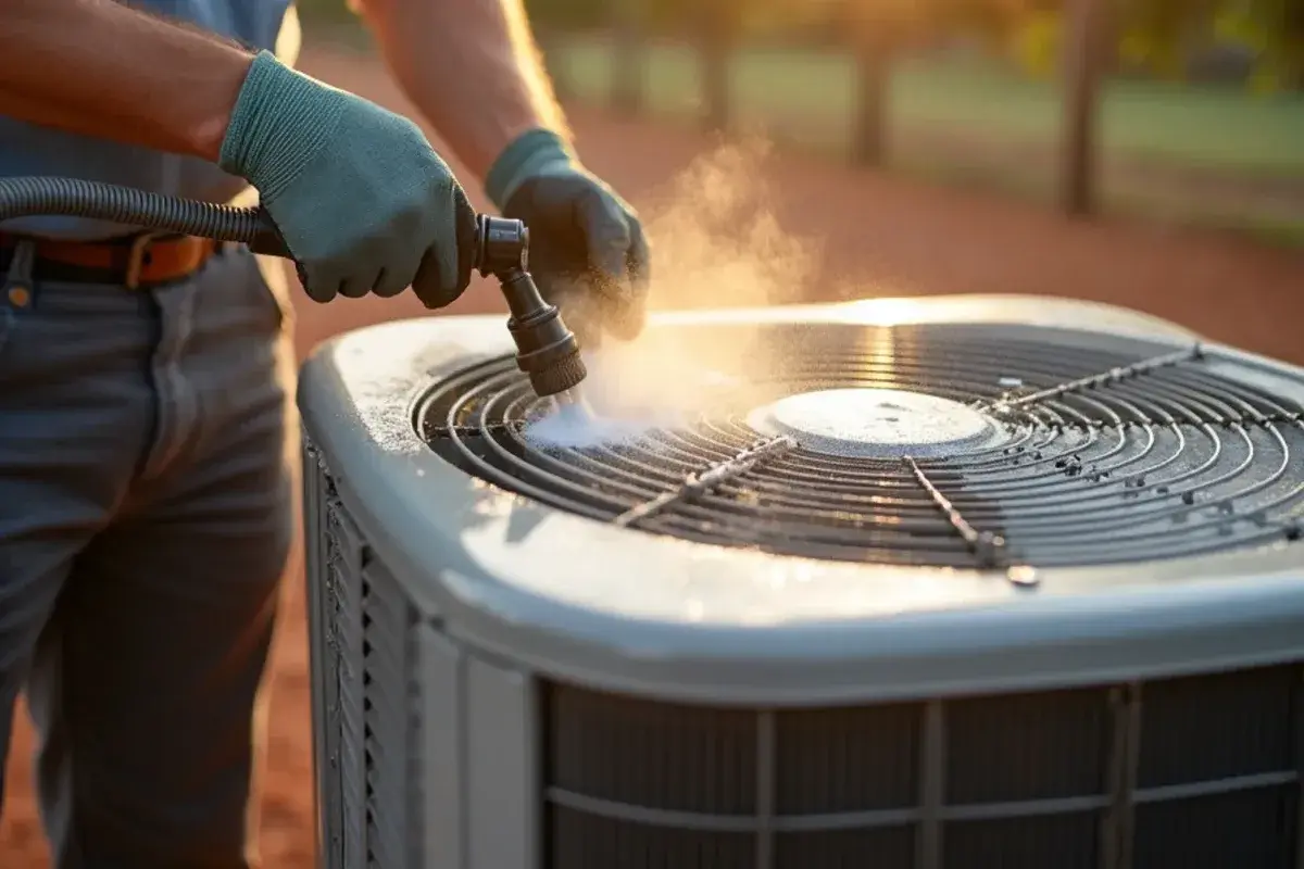 Condenser coil being cleaned on a hot July afternoon at a rural property in western Lexington County
