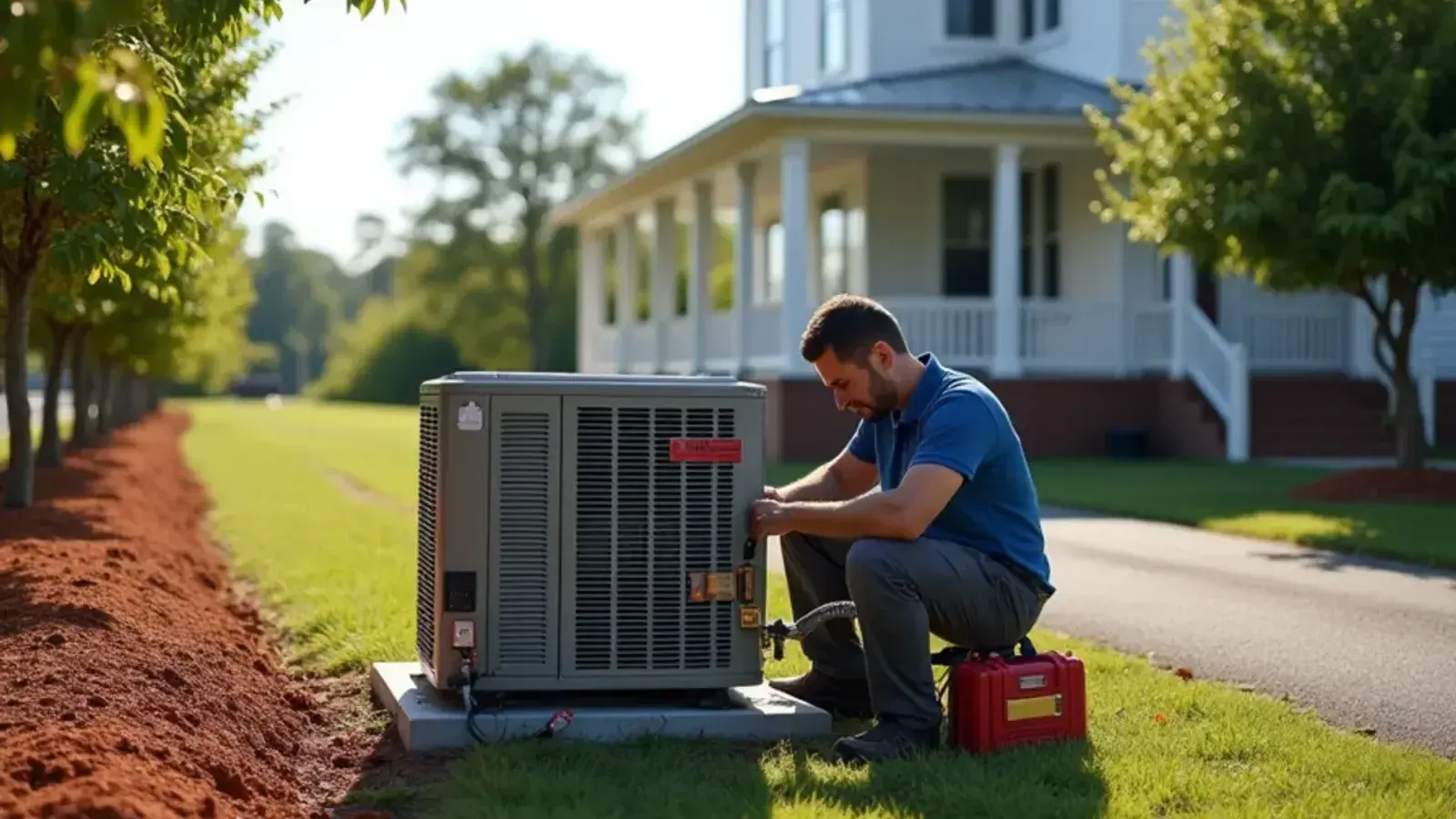 Technician evacuating a new heat pump beside a farmhouse and peach orchard rows in Gilbert, SC