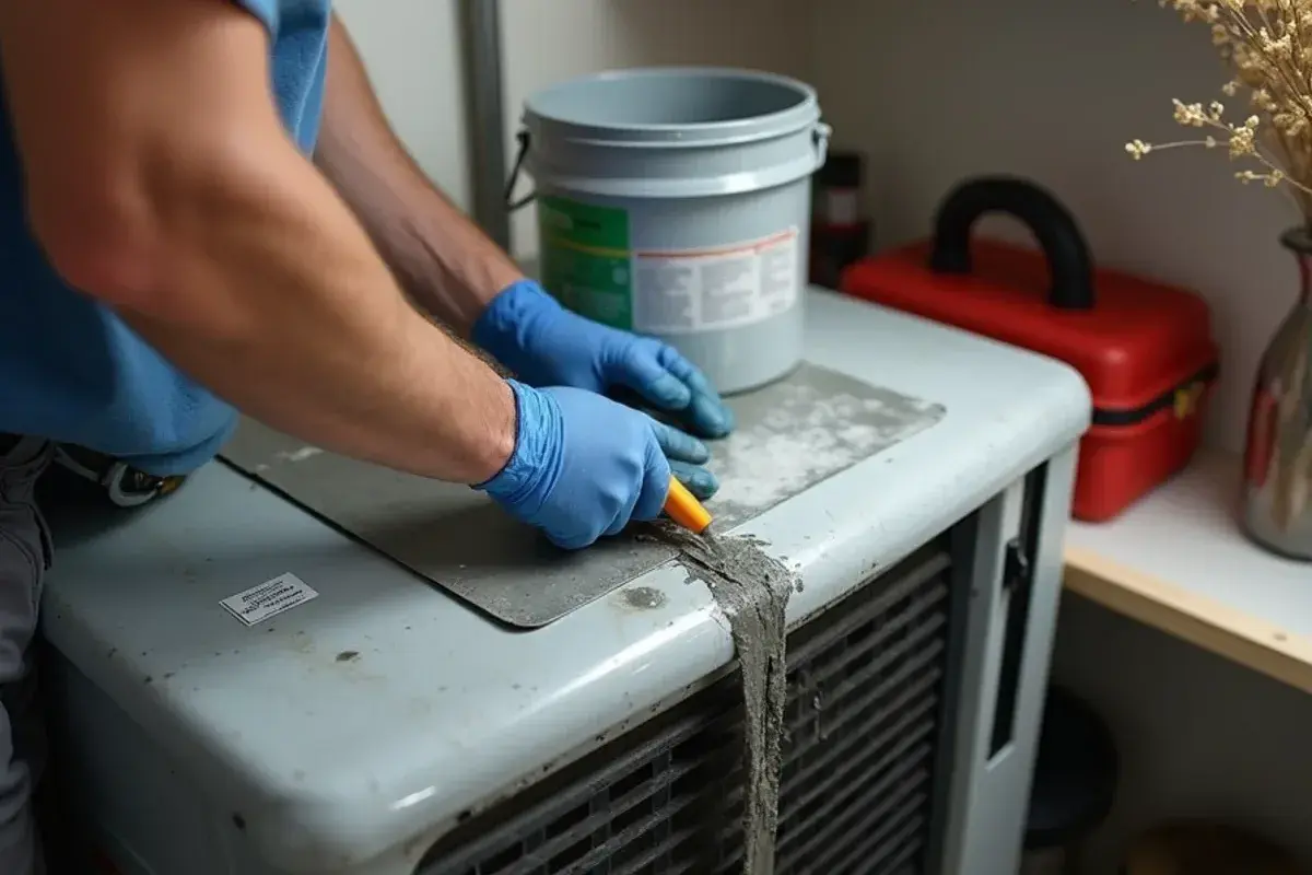 Mastic being brushed onto the supply plenum seams during duct sealing in an Irmo home