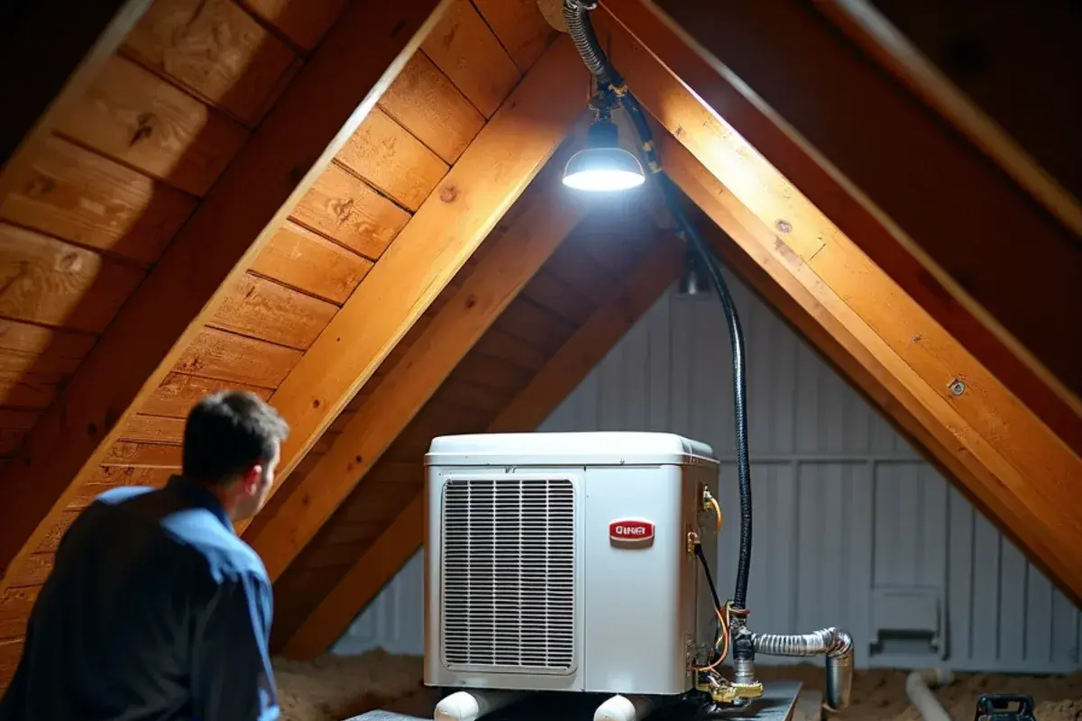 Attic air handler and condensate drain line in a two-story vinyl-sided home in Lexington County